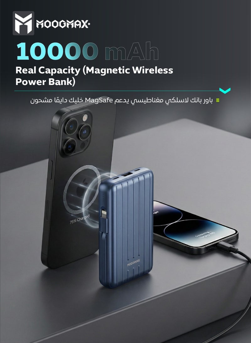 موجماكس باور بنك بسعة 10000 مللي أمبير. باور بانك صغير لاسلكي مغناطيسي (ماج سيف). شاحن متنقل صغير بثلاث منافذ (يو اس بي& تايب سيPD& لايتنينج ايفون). بطاريه متنقله باسلاك شحن قماشية مدمجة (تايب سي& لايتنينج ايفون). بور بنك بقوة شحن 15واط لشحن اللاسلكي و22.5 واط لمنافذ الشحن والكيابل. أزرق - Image 2